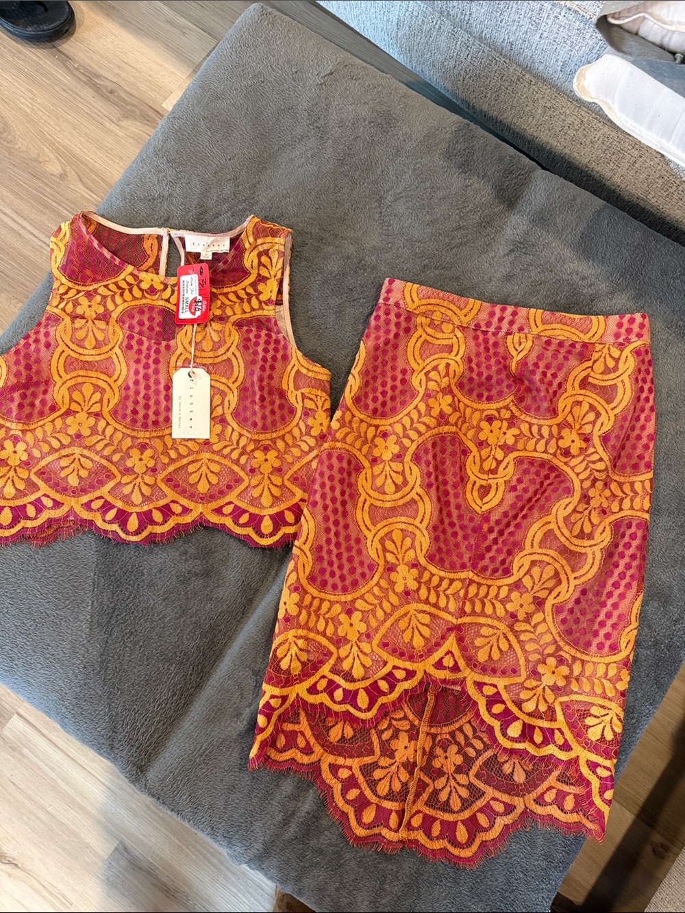 Dance & Marvel Pink and Gold Lace Crop Top & Skirt Set